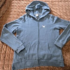 PINK Victoria’s Secret Full Zip Hoodie Teal Blue Logo Back | Size L
